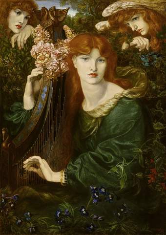 Painting of woman with red hair playing the harp
