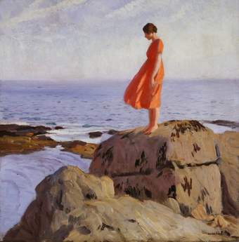 Painting of a woman, barefoot in an orange dress, stood on rocks along the shore edge looking down.