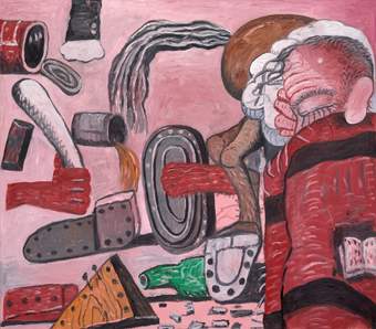 sleeping figure in bed surrounded by objects including an arm with club, empty cans and bottles, chainsaw and rear end of horse
