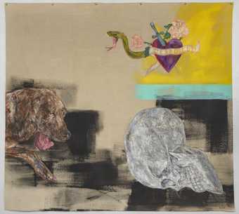a painting on canvas with a brown dog on the left hand side, a skull on its side and a heart at the top right corner with a sword through it