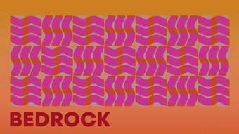 An orange and pink background with a squiggly pink design on top with the word 'BEDROCK' printed below in dark red.