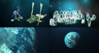 Film still showing four images, two images show people in space and two images show planet Earth