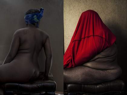 A diptych of colour photographs that show two women seated on the same stool. Both are in profile; however, one of the women leans forward, making her back more visible, while the other woman’s head and upper body are covered with red fabric.