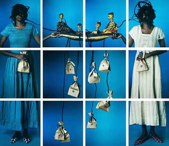Grid of 12 squares. Two figures - one in a white dress, one in a blue dress - against a vivid blue background. They face the camera, blindfolded, holding a sculptural object between them: a boat holding four wooden figures, from which hang paper bags.