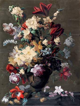 Painting of colourful flowers in a vase on a grey background
