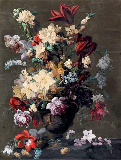 Painting of colourful flowers in a vase on a grey background