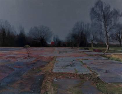 A painted image of a landscape with trees along the horizon and the worn, flat foundations of a former building on the ground.