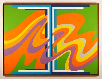 a brightly coloured painting across two panels. The swirls are in lime green, orange, lilac, yellow and white