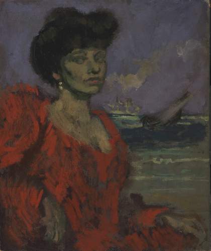 Portrait of a woman in a formal red dress with the sea and a boat in view in the background