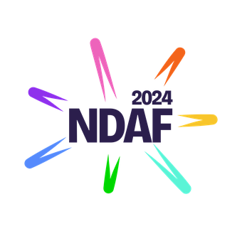 The logo for the Neurodiversity Arts Festival, which features the letters 'NDAF' underneath 2024. There are colourful shapes surrounding the letters.