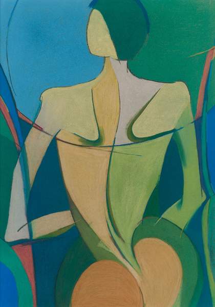 A pastel drawing of a woman's upper body