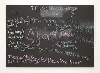 A blackboard of headlines drawn in chalk by nine-year-old-children for Cornelia Parker's News At Nine.