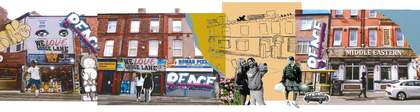 A photograph of a photomontage with images displayed on a colourful background.