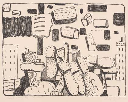 An image of an artwork which shows a hand on the left hand side holding a stick. There are bricks floating in the background and shows on the ground in the foreground.