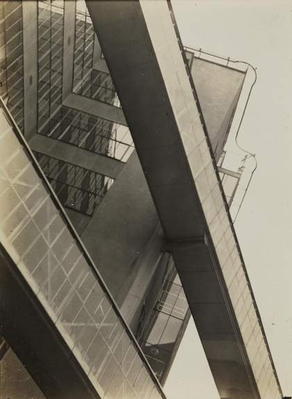 Black and white photograph of brutalist building