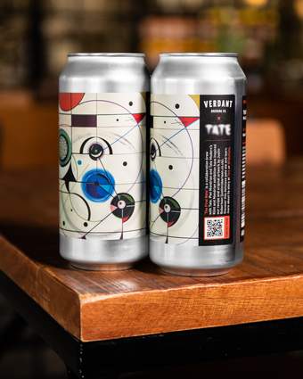 beer cans with a Modrian artwork on them