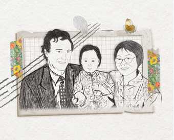 A hand drawn picture of a family of Asian heritage