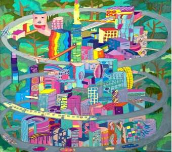 A drawing of a future city in bright colours