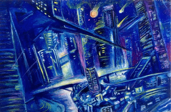 A futuristic city painting with blue tones