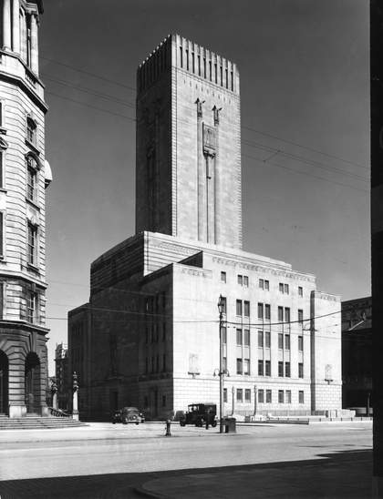 A black and white photograph of a building in Liverpool which holds the vents for the tunnel above ground.