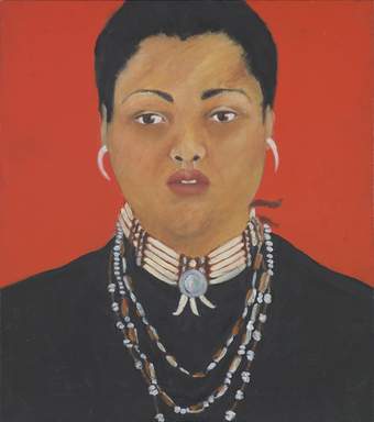Painting of a women's head and shoulders wearing a black top on a red background.