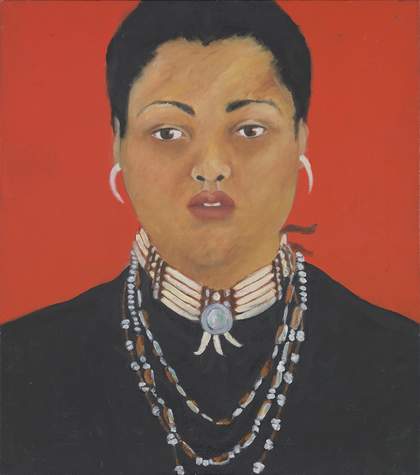 Painting of a women's head and shoulders wearing a black top on a red background.
