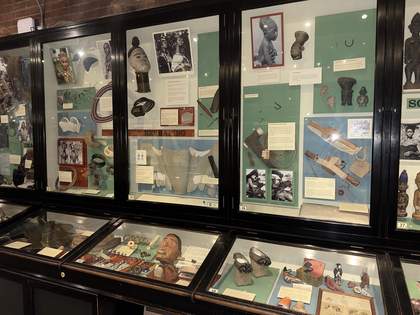 The 'Reshaping' cabinet which holds objects fastened to a board for display including a corset, neck rings and a breast implant.