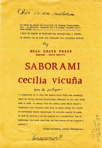 Yellow page with typed lettering in black and red with writing on the top saying this is an invitation.
