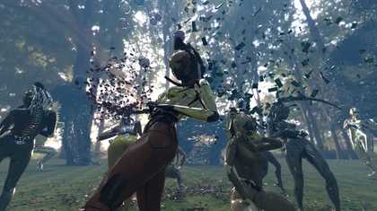 Black femme bots dancing in a pastoral setting