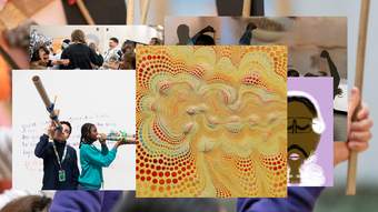 Collage of images of artworks and students interacting with art