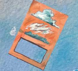 A rectangular piece of cardboard with some fluffy, cloud-like shapes stuck on it