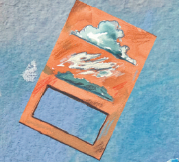 A rectangular piece of cardboard with some fluffy, cloud-like shapes stuck on it