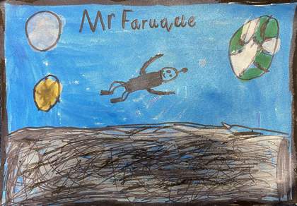 A man in an astronaut suit sails through the blue sky with the words Mr Faruque above him
