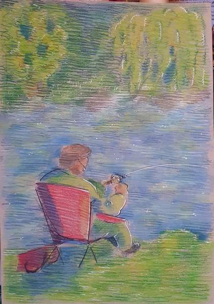 A drawing of a man fishing by a lake, sat with his back to us in a pink chair