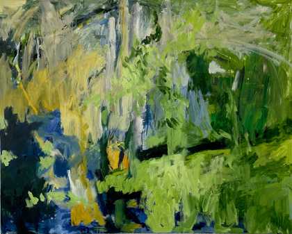 Abstract painting of the landscape using green, yellow, blue, white and black paint.