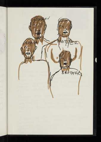 Sketch of four figures inscribed Father, Mother, Sister, Brother, by Donald Rodney