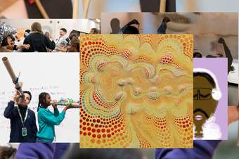 Collage of images of artworks and students interacting with art