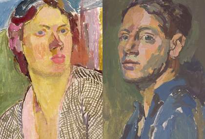 Two painted portraits side by side, artist vanessa Bell on the left and artist Duncan Grant on the right.