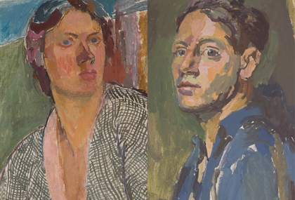 Two painted portraits side by side, artist vanessa Bell on the left and artist Duncan Grant on the right.