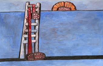 ladder in an almost empty, blue landscape with a strange shell-like figure on the horizon and a red shape with horse hooves draped over the ladder