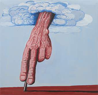 a gigantic veined hand reaching down from clouds to touch a barren terrain with two fingers