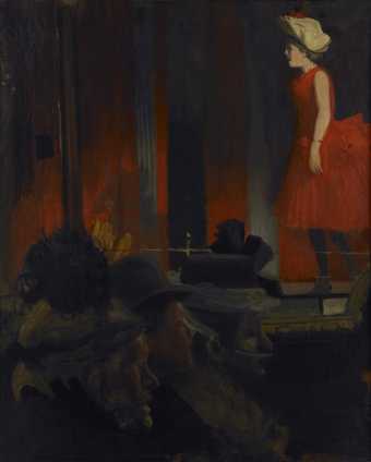 A singer in a red dress is on stage performing; a sombre audience in formal evening wear are seen below