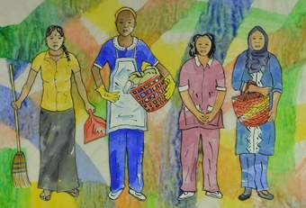 Four women of colour standing in a line on a colourful background. They are wearing clothes or holding accessories that suggest they represent cleaners, nurses and those engaged in essential care work.