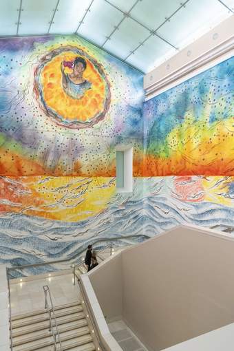 Staircase with large mural artwork