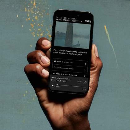 A hand holds a phone showing the Tate Story Player for the James McNeill Whistler exhibition, with audio guide tracks listed on the screen.