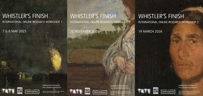 Three close-ups of paintings depicting a moon, half the body of a woman and the face of a woman, are spliced together into an image overlayed with white text reading 'Whistler's Finish: Online International Research Workshop'.