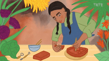 A colourful illustration of a person in a blue apron using a cutting tool an a chunk of material