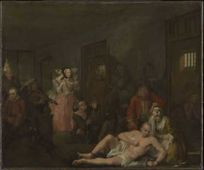 Grandly dressed ladies and various figures, some very faded, surround a figure lying in the foreground, a man nude except for a draped white fabric with cuffs at the ankle and wrist