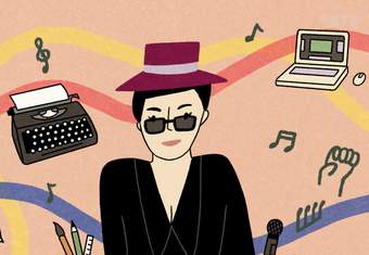 An illustration of Yoko Ono surrounded by a typewriter a microphone a computer and paintbrushes