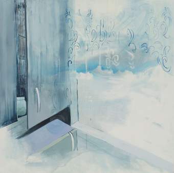 Partially abstract image of the corner of a room, the edges bleed out, a door is ajar and there are symbols drawn on the wall.